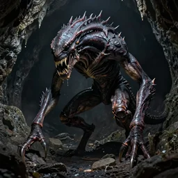 tall bipedal creature in the darkness, long claws, large long pointy teeth, drooling, hunched over, dark cavern, no hair, dark skin, no light, highly intricate, detailed, 8 k