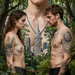 natural city in the trees, intricate jewelry, trending on artstation 4 k, high quality, in the style of karol bak and tom bagshaw, tattoos