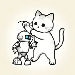 artwork of a cat playing with a robot, tattoo, line art, outline, bold, beautiful, striking, stick and poke, black and white
