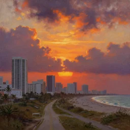 a post apocalyptic west florida landscape after a nuclear war, beautiful radioactive sunset lighting, beautiful painting, miami beach, painted by albert bierstadt