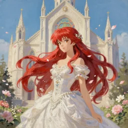 breathtaking detailed soft painting of a samurai queen with long flowing red hair, anime style, pastel flower petals flying, in front of a pristine art nouveau cathedral on a wedding day, elegant, volumetric lighting, highly detailed, artstation, concept art, matte, sharp focus, art by ghibli, Alfons Mucha and Miho Hirano
