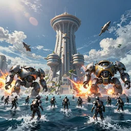 a battle for a futuristic tower in the ocean, metal soldiers walking on water, massive machines, action, explosions, epic, detailed, anime