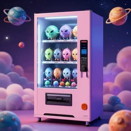 A vending machine full of alien planets, colorful cosmic space clouds background, unreal engine 5, planet vending machine, trending on artstation