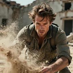 a dramatic pose of a man wearing explorers clothes, closeup, in action, sand blowing, hair blowing, dramatic face angles, motion blur, ruined building background, photo realistic, hyper detailed, trending on artstation, unreal engine 5, octane render, 8 k, by martin schoeller