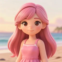 Render of a beautiful 3d anime woman, long pink hair, hazel eyes, cute freckles, full round face, soft smile, cute sundress, golden hour, serene beach setting, medium shot, mid-shot, hyperdetailed, trending on Artstation, Unreal Engine 4k