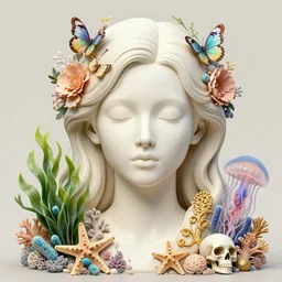hyperrealistic detailed portrait of ivory girl, with flowers, butterflies, corals, sea kelp, sea plants, starfish, jellyfish, bacteria, skulls, golden filigree, art by ernst haeckel, john william godward, hammershøi, alphons mucha, pontormo, ornamental, decorative, art nouveau pattern, lights by hopper, pastel colours,