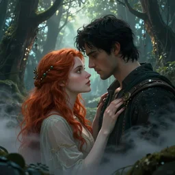 book cover of a red haired woman in a mystic forest in love with a black haired man, ultra realistic illustration, mist, light beams, book cover, fantasy concept art, smooth, sharp focus, by gaston bussiere, bayard wu, maxim verehin, greg rutkowski,