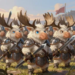 dungeons and dragons fantasy painting, close order phalanx of moose spartans, 3 0 0, whimsical and cute, determined expressions, watery blue eyes, anime inspired, white fur, tufty whiskers, steel blades, dawn lighting, at thermopolae by brain froud jessica rossier and greg rutkowski