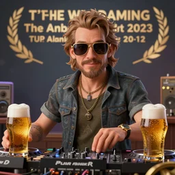 a man with beer formed sunglasses and with two beers on the dj table, highly detailed, fantasy style, award winning art