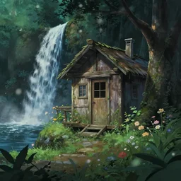 old hut in the woods with a flower garden near a waterfall, gapmoe kuudere moody lighting stunning bokeh highlights sharp contrast | trending pixiv fanbox | by greg rutkowski makoto shinkai takashi takeuchi studio ghibli