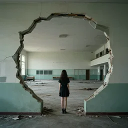 vertical movie frame portrait of girl inside abandoned school, ominous backrooms at distance seen through big broken wall, giger interior design, architectural design, vintage, liminal aesthetic, dreamcore, weirdcore, clean lines, wide angle, by wayne barlowe, tsutomu nihei, zdzislaw beksinski,