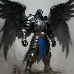 crow warrior in heavy armor. black wings. blue clothes. digital painting, hd, highly detailed.