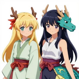 A pixelart featuring two dragon girls, sharp, carefully drawn, detailed, beautiful, wallpaper 4K, Yen Press, pixiv, official media