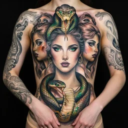 epic masterpiece portrait of a snake tattooed gymnast, followed by heads with many souls, beautiful face and flawless skin, perfect hands, emeralds by Edgar Maxence and Ross Tran and Michael Whelan