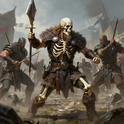skeletal viking warrior in the middle of battle, highly detailed, artstation, art by artgerm and greg rutkowski,