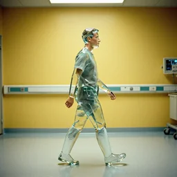 7 0 s movie still of a man made of glass walking in a hospital with yellow wall, cinestill 8 0 0 t 3 5 mm eastmancolor, heavy grain, high quality, high detail