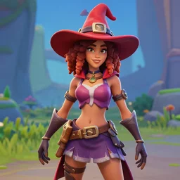 a curly haired female wizard wearing a red wizard hat as a fortnite character, screenshot from fortnite, 3 d unreal engine render