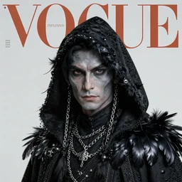 ( ( ( head and shoulders portrait 7 0 mm vogue magazine fashion photo of a shadar - kai male elf rogue assassin with gray skin, black hair, chains, and black raven feather hooded cloak ) ) ), d & d, greg rutkowski, frank frazetta, alexandre chaudret, boris vallejo, michael whelan, miro petrov