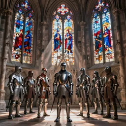 Seven knights standing outside a gothic cathedral. There is light shining through the ornate stained glass windows; trending on artstation