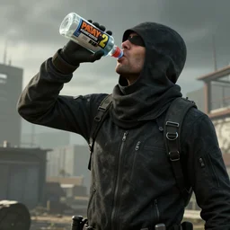cloaker from payday 2 drinking from a bottle of acetone