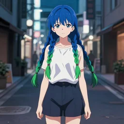 ugly anime girl standing on a street, braids blue and green, singular, junichi higashi, isamu imakake, intricate, balance, full far frontal portrait, volumetric lighting, cinematic lighting, masterpiece