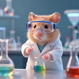 a 3D render of a cute fuzzy pet rat dressed in a white lab coat and safety goggles, mixing colorful chemicals in a chemistry lab, bokeh, Canon 50mm, cinematic lighting, volumetric light, octane, octane render, redshift render