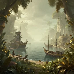 a retrowave aesthetic style artwork of a pirate harbour, divine, hazy, volumetric lighting, lush flora, empty, spacetime bending, very detailed, serene, gold accents, washed out colors, beautiful artwork, master level composition, raytracing