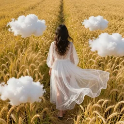 very coherent hyper realistic symmetrical photo, perfect body ,aerial shot, a beautiful photo of a petite brunette girl in a transparent sheer fabric white dress standing on a bright yellow rye field, a lot of clouds, photo from the back, 135mm, trending on artstation, detailed, chrome accents, mild, ethereal, elegant, tender