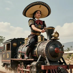 vertical movie frame with mexican female riding on top of the steam punk train, armor inspired by ancient japan and fashion, symmetrical face, epic, perfect body, award winning, establishing shot, extremely high detail, photorealistic, provocative, octane render, editorial, extreme sports photography