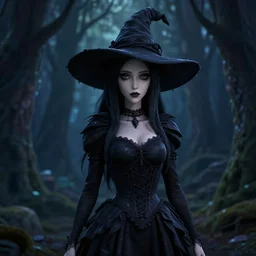 portrait of beautiful darkness witch 3D anime girl, dark forest background, inspired by Tim Burton, digital painting, unreal engine render, volumetric light, high détail