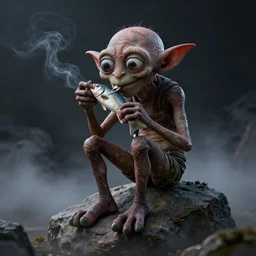 gollum sitting on a rock eating a fish, by peter mohrbacher dan mumford craig mullins nekro, cgsociety, pixiv, volumetric light, 3 d render, smoke, dark fog, high contrast colors