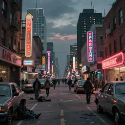 desolate iridescent american city with neon signs & homeless people in caravaggio style hyperrealistic