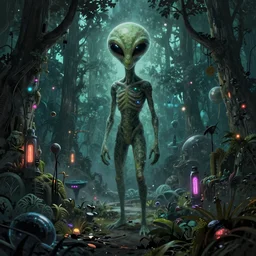 an alien infographic about space, forestpunk, neon lights, moody atmosphere, epic composition, dramatic lighting, trending on artstation, octane render, by stanley kubrick