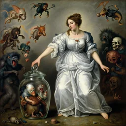 a painting of pandora opening her jar, releasing monsters and critters that impersonate sickness and death, misery, she is fully dressed, in the style of realism and a masterpiece by artemisia gentileschi and egon schiele, critters flying around
