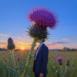 big thistle flower under head, a girl in a suit in field of flowers, surreal photography, sunrise, blue sky, dramatic light, impressionist painting, digital painting, artstation, simon stalenhag