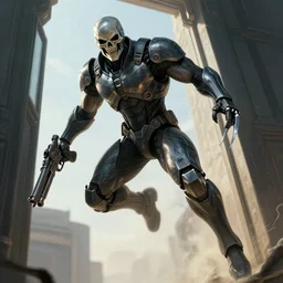 a muscular, athletic cyborg assassin in skin - tight futuristic armor leaping through a window, skull face, berserk, metal claws, futuristic gun, leaping, attacking, full body, alphonse mucha