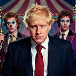 portrait of glamor greek god zeus | boris johnson | tie | ( ( ( ( clown ) ) ) ) | circus background | highly detailed | very intricate | professional model | cinematic lighting | painted by donato giancola and mandy jurgens and charlie bowater | bold colors, artdeco, art deco synthwave anime aesthestic, 8 0 s nostalgia | artstation