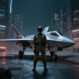 fighter pilot stands beside futuristic sci fi fighter jet grounded at runway of cyberpunk city ,dark cinematic lighting , digital concept art