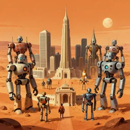 shrines of the robots on mars, detailed illustration, hd, 4k, digital art, overdetailed art, concept art, by greg rutkowski, by Moebius, complementing colors, Trending on artstation, deviantart