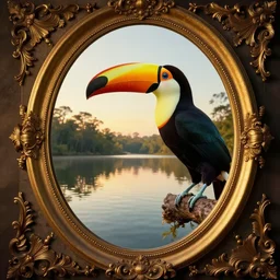 reflective lake and toucan inside an intricate wide oval mirror, cinematic, filmic, wildlife photography, x - ray, ray tracing reflections, insanely detailed and intricate, hypermaximalist, elegant, ornate, hyper realistic, super detailed, golden hour