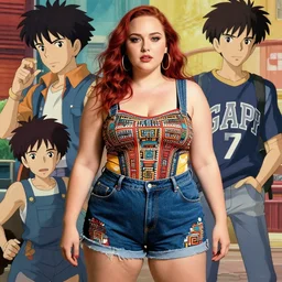 a beautiful plus sized model japanese natalie portman, alluring plus sized model, wearing mayan leotard with overalls, street fashion hip hop style with mayan patterns, aztec street fashion, gapmoe yandere grimdark, trending on pixiv fanbox, painted by greg rutkowski makoto shinkai takashi takeuchi studio ghibli, akihiko yoshida