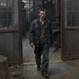 dark oil realistic painting a gaunt man is leaving a communist factory