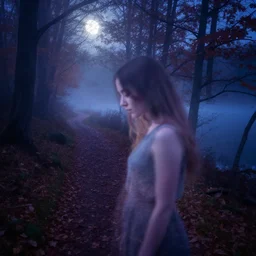 a double exposure of a beautiful side view portrait from above of a mystical young woman looking down, apparition, transparent, ghostly, motion blur, with a landscape photo of an autumn misty night forest, forest trail, lake, dappled moonlight, blue and purple tones