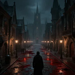 style : dark fantasy. composition : long shot, waist level ; low angle. key words : digital art ; detailed ; 4 k. scenery : a gothic harbor city with blood on the streets. subject : none. details : at night ; lanterns in the streets.