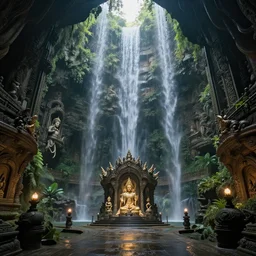 An amazing interior of the temple of the gods of nature, intricate details, vast open interior, amazing and tall waterfalls, dramatic lighting, digital art, trending on Artstation, dark, hyper-realistic, detailed