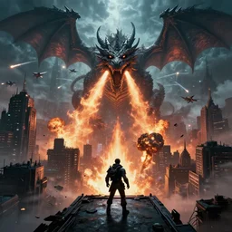 mega detail, gigantic city, random inference, dragons breathing fire, dark magic, night fog, clouds, the matrix, in a battle, video game, final boss, character on platform in front of camera, final attack, debris, nuclear explosion, jet fighters, missile trails