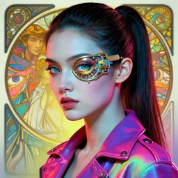 head and shoulders portrait of woman, with cyberpunk electronic eye device, in neon leather jacket, pale skin, piercing eyes, cyberpunk, vibrant color, high detail, intricate, impossible beauty, ponytail, masterpiece by craig mullins, ruan jia, peter mohrbacher, krenz cushart, norman rockwell, alphonse mucha