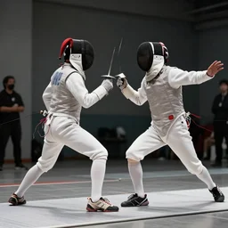 “two jesters, fencing, with superpowers, realistic, movie set”