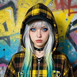highly detailed portrait of a sewer punk lady student, blue eyes, tartan hoody, hat, white hair by atey ghailan, by greg tocchini, by james gilleard, gradient yellow, black, brown and cyan color scheme, grunge aesthetic!!! ( ( graffiti tag wall ) )