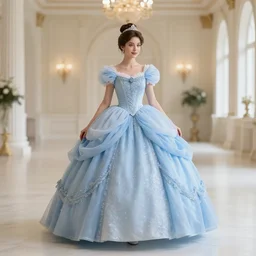 realistic princess wearing a blue victorian ball gown in a ball room surrounded by growing roses, art by walter crane and harold gaze, watercolor art, illustration
